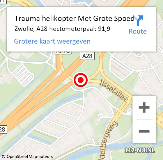 Locatie op kaart van de 112 melding: Trauma helikopter Met Grote Spoed Naar Zwolle, A28 hectometerpaal: 91,9 op 22 december 2022 16:32