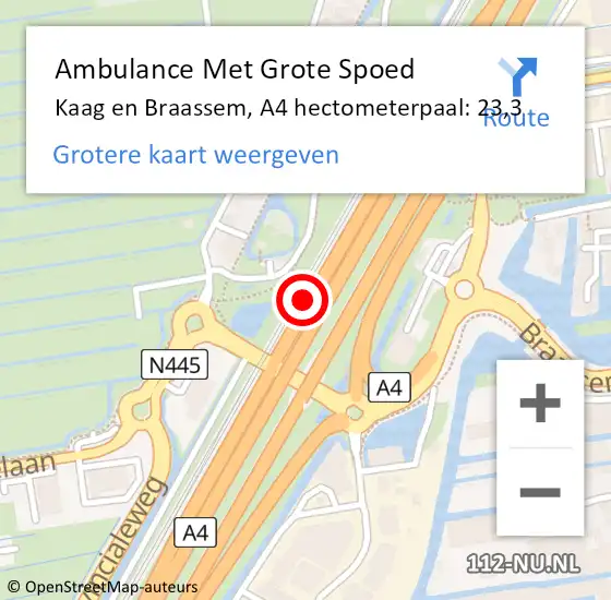 Locatie op kaart van de 112 melding: Ambulance Met Grote Spoed Naar Kaag en Braassem, A4 hectometerpaal: 23,3 op 22 december 2022 17:10