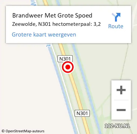 Locatie op kaart van de 112 melding: Brandweer Met Grote Spoed Naar Zeewolde, N301 hectometerpaal: 3,2 op 22 december 2022 17:31