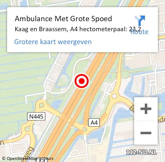 Locatie op kaart van de 112 melding: Ambulance Met Grote Spoed Naar Kaag en Braassem, A4 hectometerpaal: 23,2 op 22 december 2022 17:36