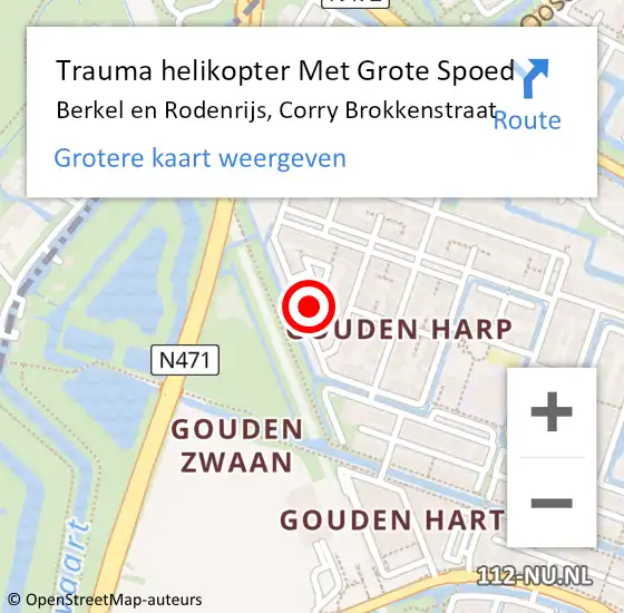 Locatie op kaart van de 112 melding: Trauma helikopter Met Grote Spoed Naar Berkel en Rodenrijs, Corry Brokkenstraat op 22 december 2022 19:11