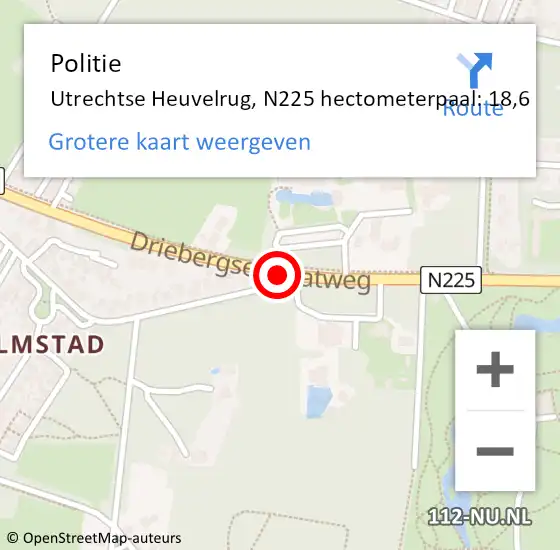 Locatie op kaart van de 112 melding: Politie Utrechtse Heuvelrug, N225 hectometerpaal: 18,6 op 22 december 2022 20:46
