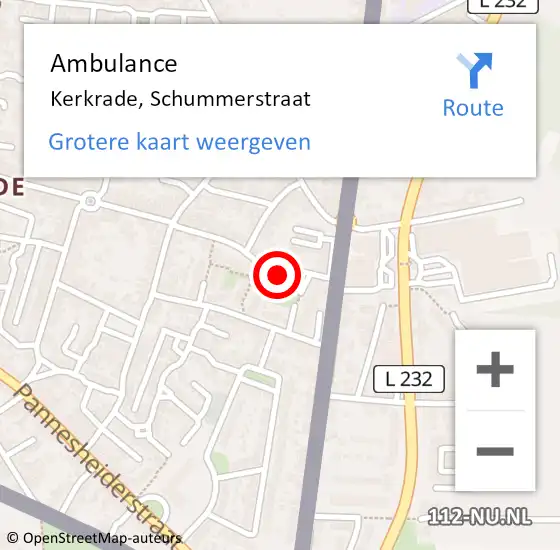 Locatie op kaart van de 112 melding: Ambulance Kerkrade, Schummerstraat op 9 augustus 2014 12:41