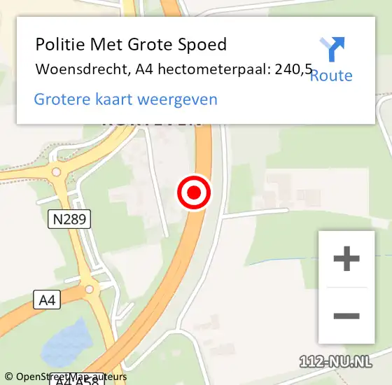 Locatie op kaart van de 112 melding: Politie Met Grote Spoed Naar Woensdrecht, A4 hectometerpaal: 240,5 op 23 december 2022 07:54