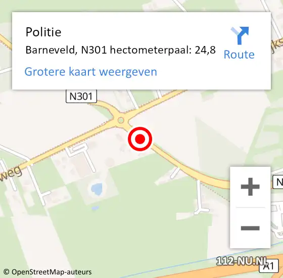 Locatie op kaart van de 112 melding: Politie Barneveld, N301 hectometerpaal: 24,8 op 23 december 2022 08:04