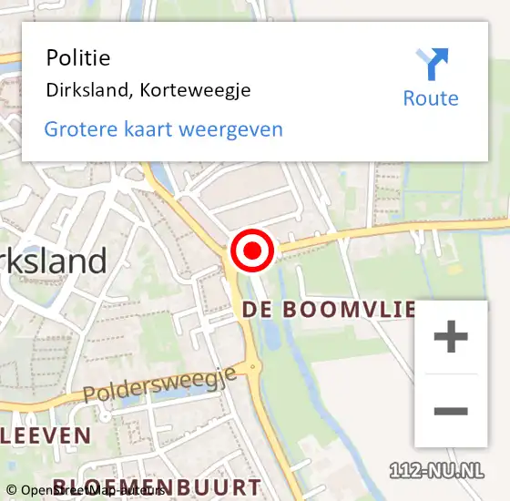 Locatie op kaart van de 112 melding: Politie Dirksland, Korteweegje op 23 december 2022 08:22