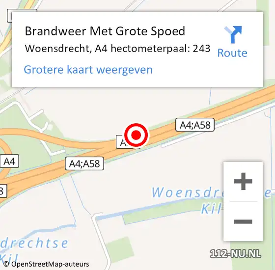 Locatie op kaart van de 112 melding: Brandweer Met Grote Spoed Naar Woensdrecht, A4 hectometerpaal: 243 op 23 december 2022 11:02