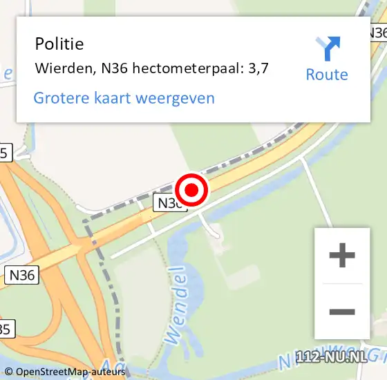 Locatie op kaart van de 112 melding: Politie Wierden, N36 hectometerpaal: 3,7 op 23 december 2022 12:14