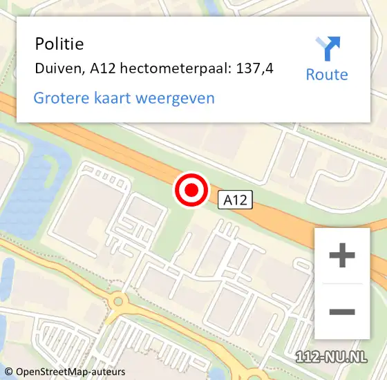 Locatie op kaart van de 112 melding: Politie Duiven, A12 hectometerpaal: 137,4 op 23 december 2022 12:26