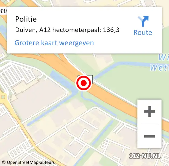 Locatie op kaart van de 112 melding: Politie Duiven, A12 hectometerpaal: 136,3 op 23 december 2022 12:27