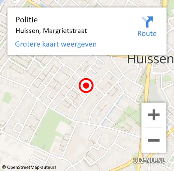 Locatie op kaart van de 112 melding: Politie Huissen, Margrietstraat op 23 december 2022 12:49