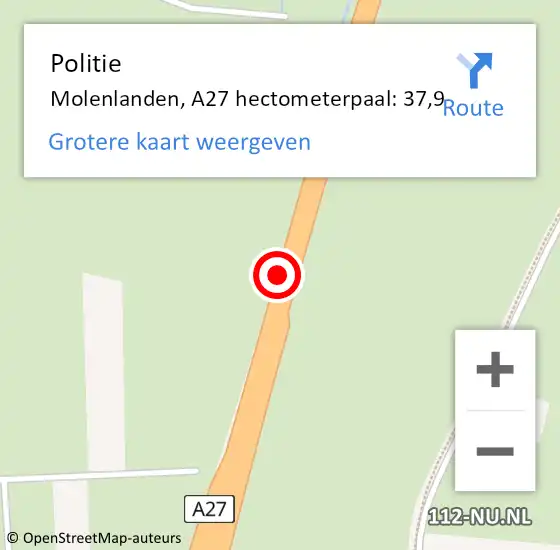 Locatie op kaart van de 112 melding: Politie Molenlanden, A27 hectometerpaal: 37,9 op 23 december 2022 16:00