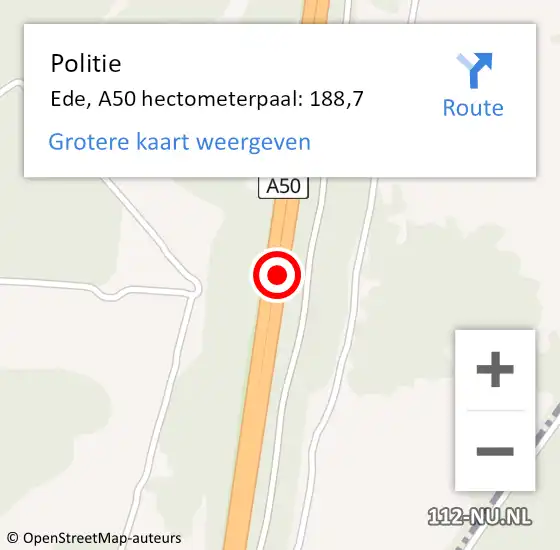 Locatie op kaart van de 112 melding: Politie Ede, A50 hectometerpaal: 188,7 op 23 december 2022 17:12