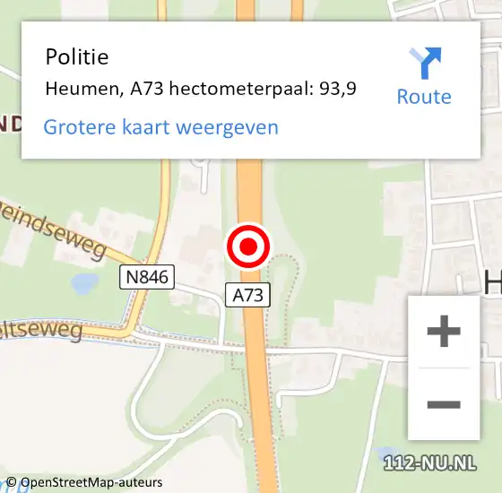 Locatie op kaart van de 112 melding: Politie Heumen, A73 hectometerpaal: 93,9 op 23 december 2022 19:33