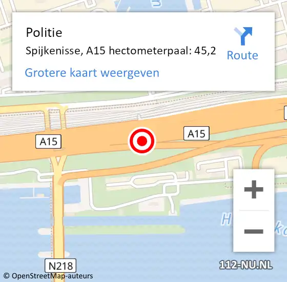 Locatie op kaart van de 112 melding: Politie Nissewaard, A15 hectometerpaal: 45,2 op 23 december 2022 19:45