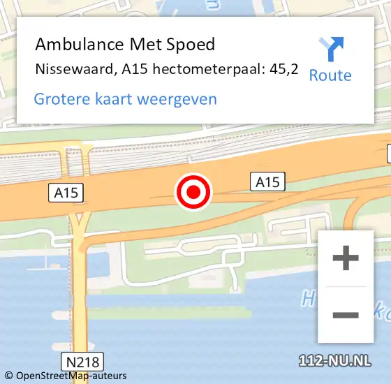 Locatie op kaart van de 112 melding: Ambulance Met Spoed Naar Nissewaard, A15 hectometerpaal: 45,2 op 23 december 2022 19:50