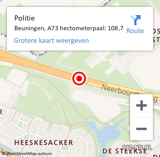Locatie op kaart van de 112 melding: Politie Beuningen, A73 hectometerpaal: 108,7 op 23 december 2022 19:57