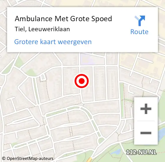 Locatie op kaart van de 112 melding: Ambulance Met Grote Spoed Naar Tiel, Leeuweriklaan op 23 december 2022 20:11