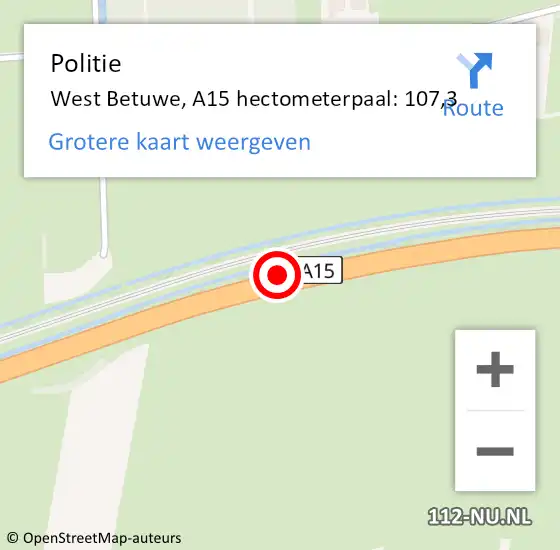 Locatie op kaart van de 112 melding: Politie West Betuwe, A15 hectometerpaal: 107,3 op 24 december 2022 08:38