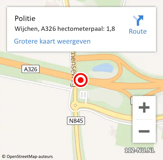 Locatie op kaart van de 112 melding: Politie Wijchen, A326 hectometerpaal: 1,8 op 24 december 2022 22:18