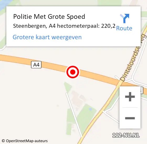 Locatie op kaart van de 112 melding: Politie Met Grote Spoed Naar Steenbergen, A4 hectometerpaal: 220,2 op 25 december 2022 07:20