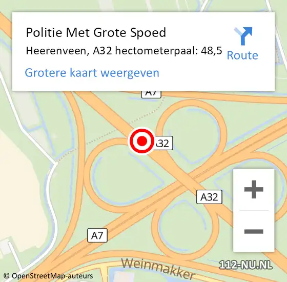 Locatie op kaart van de 112 melding: Politie Met Grote Spoed Naar Heerenveen, A32 hectometerpaal: 48,5 op 25 december 2022 11:11