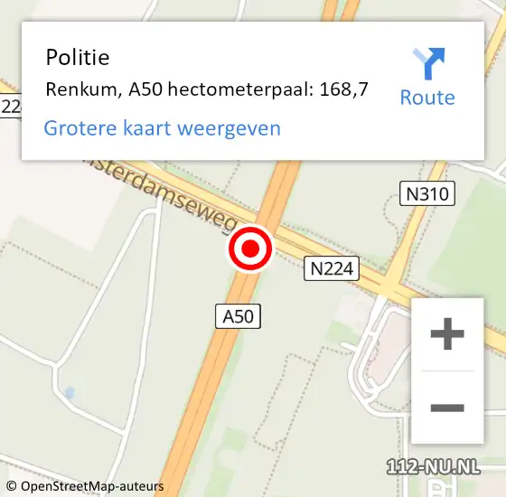 Locatie op kaart van de 112 melding: Politie Renkum, A50 hectometerpaal: 168,7 op 25 december 2022 13:16