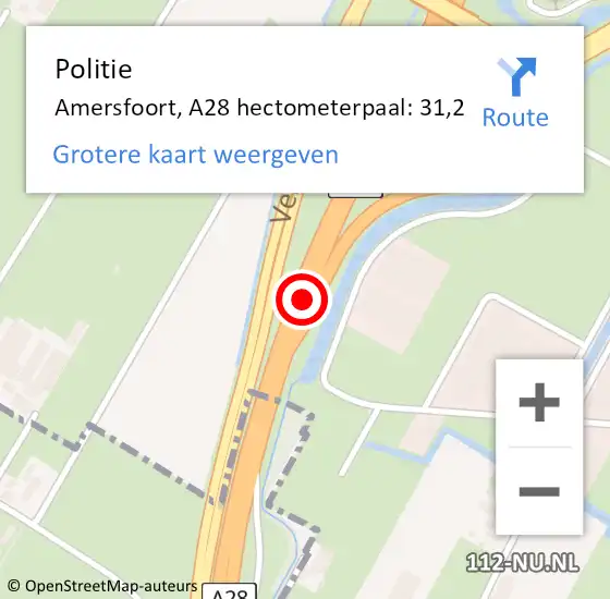 Locatie op kaart van de 112 melding: Politie Amersfoort, A28 hectometerpaal: 31,2 op 25 december 2022 23:53