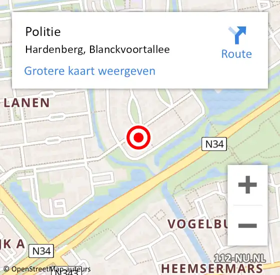 Locatie op kaart van de 112 melding: Politie Hardenberg, Blanckvoortallee op 26 december 2022 13:50