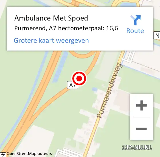 Locatie op kaart van de 112 melding: Ambulance Met Spoed Naar Purmerend, A7 hectometerpaal: 16,6 op 26 december 2022 14:23