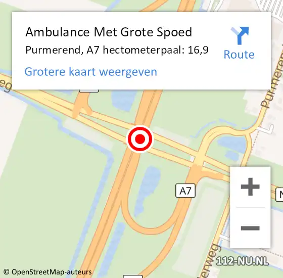 Locatie op kaart van de 112 melding: Ambulance Met Grote Spoed Naar Purmerend, A7 hectometerpaal: 16,9 op 26 december 2022 14:34