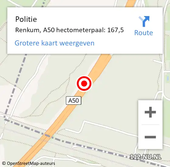 Locatie op kaart van de 112 melding: Politie Renkum, A50 hectometerpaal: 167,5 op 26 december 2022 22:31