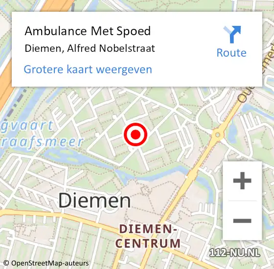 Locatie op kaart van de 112 melding: Ambulance Met Spoed Naar Diemen, Alfred Nobelstraat op 27 december 2022 08:58