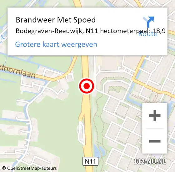 Locatie op kaart van de 112 melding: Brandweer Met Spoed Naar Bodegraven-Reeuwijk, N11 hectometerpaal: 18,9 op 27 december 2022 09:45