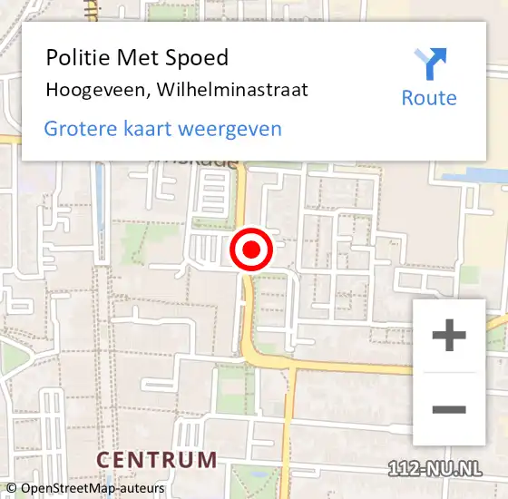 Locatie op kaart van de 112 melding: Politie Met Spoed Naar Hoogeveen, Wilhelminastraat op 27 december 2022 10:23