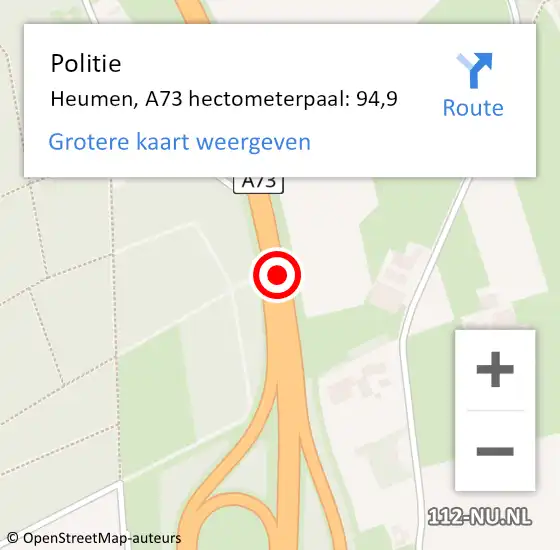 Locatie op kaart van de 112 melding: Politie Heumen, A73 hectometerpaal: 94,9 op 27 december 2022 15:55