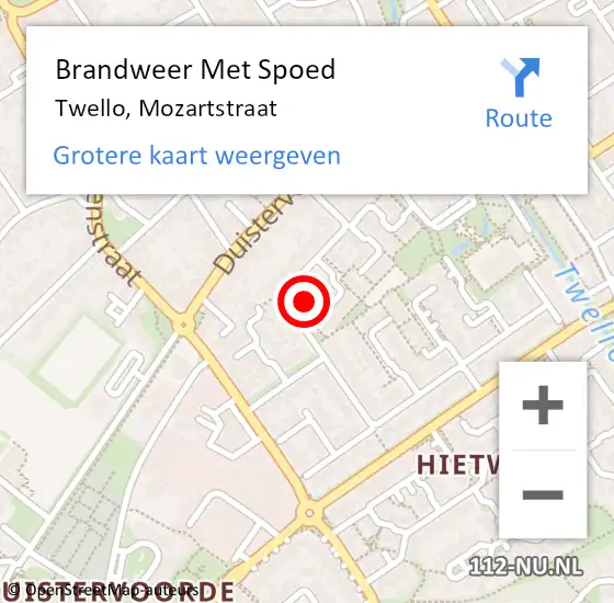 Locatie op kaart van de 112 melding: Brandweer Met Spoed Naar Twello, Mozartstraat op 27 december 2022 19:01