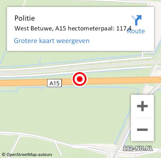 Locatie op kaart van de 112 melding: Politie West Betuwe, A15 hectometerpaal: 117,4 op 27 december 2022 20:36