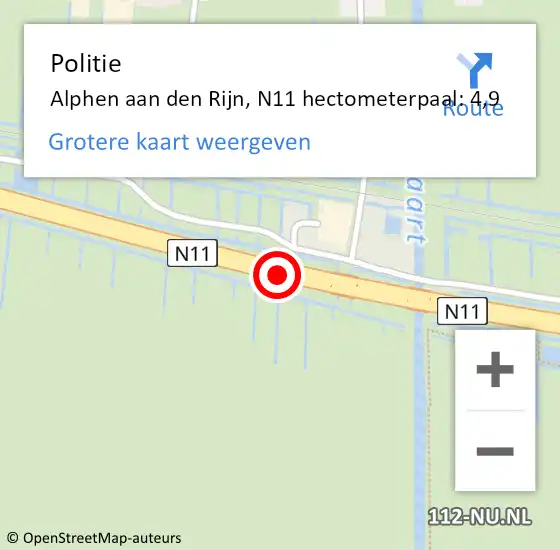 Locatie op kaart van de 112 melding: Politie Alphen aan den Rijn, N11 hectometerpaal: 4,9 op 27 december 2022 21:01