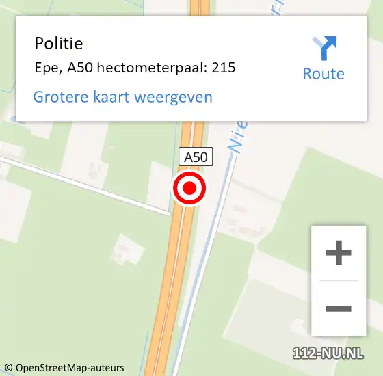 Locatie op kaart van de 112 melding: Politie Epe, A50 hectometerpaal: 215 op 27 december 2022 22:15