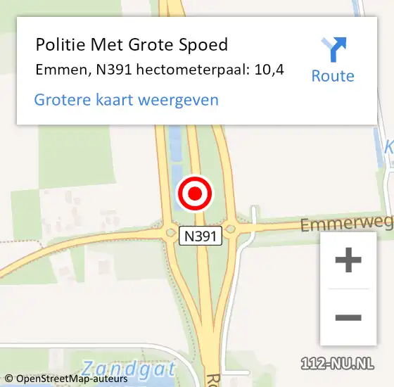 Locatie op kaart van de 112 melding: Politie Met Grote Spoed Naar Emmen, N391 hectometerpaal: 10,4 op 27 december 2022 23:39