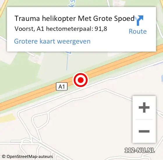 Locatie op kaart van de 112 melding: Trauma helikopter Met Grote Spoed Naar Voorst, A1 hectometerpaal: 91,8 op 28 december 2022 10:58