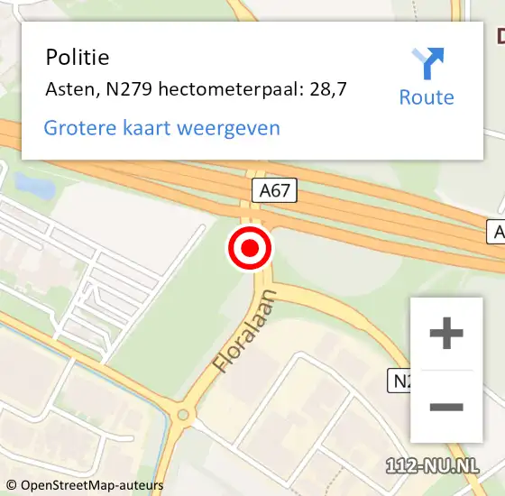 Locatie op kaart van de 112 melding: Politie Asten, N279 hectometerpaal: 28,7 op 28 december 2022 11:15