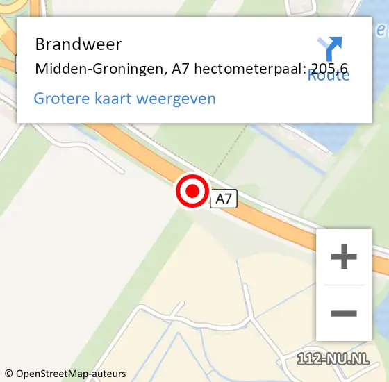 Locatie op kaart van de 112 melding: Brandweer Midden-Groningen, A7 hectometerpaal: 205,6 op 28 december 2022 11:55