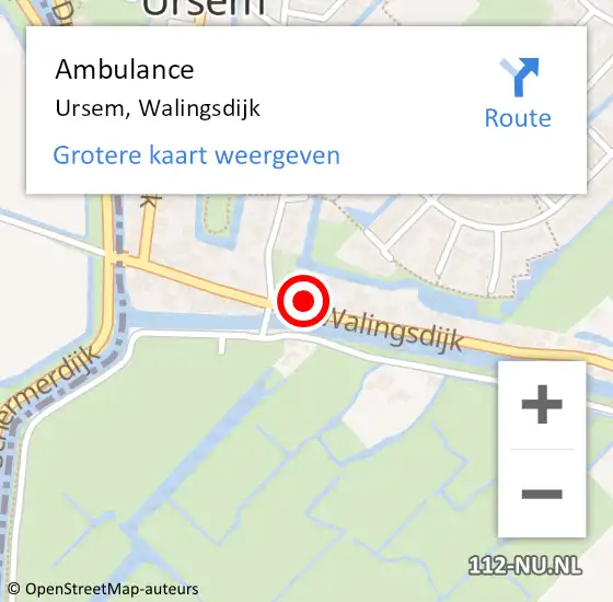 Locatie op kaart van de 112 melding: Ambulance Ursem, Walingsdijk op 28 december 2022 13:28