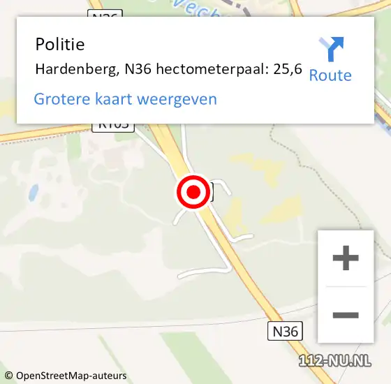 Locatie op kaart van de 112 melding: Politie Hardenberg, N36 hectometerpaal: 25,6 op 28 december 2022 15:59