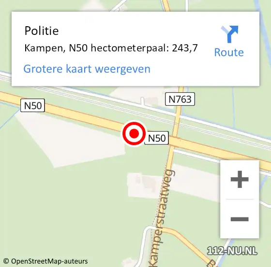 Locatie op kaart van de 112 melding: Politie Kampen, N50 hectometerpaal: 243,7 op 28 december 2022 21:54