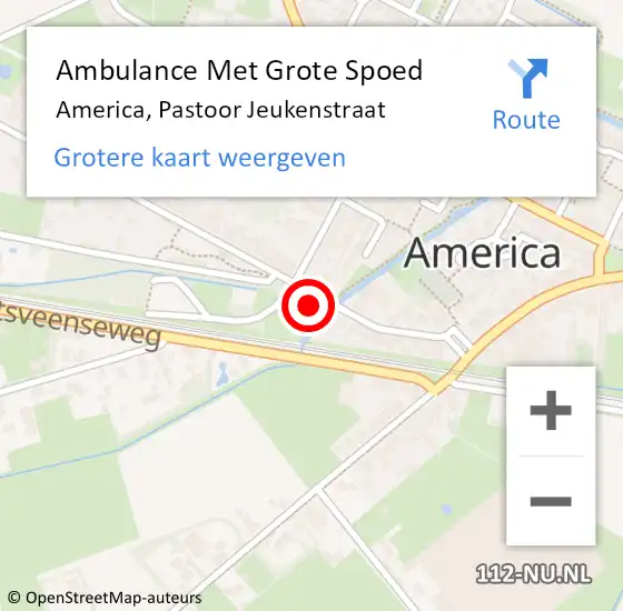 Locatie op kaart van de 112 melding: Ambulance Met Grote Spoed Naar America, Pastoor Jeukenstraat op 10 augustus 2014 06:08