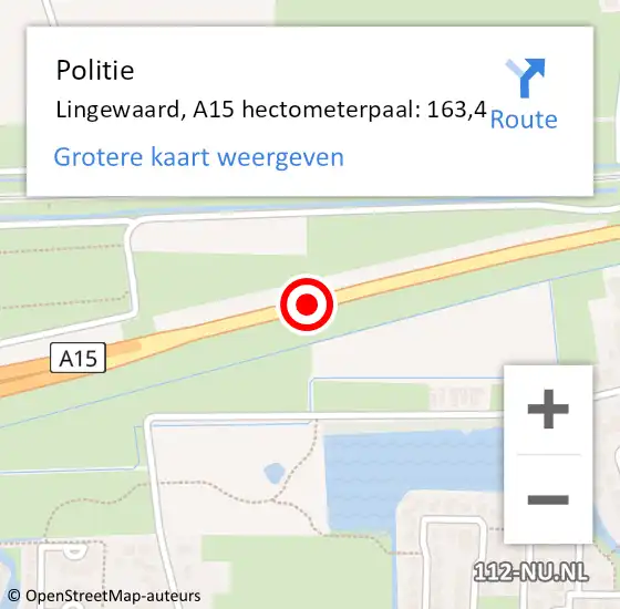 Locatie op kaart van de 112 melding: Politie Lingewaard, A15 hectometerpaal: 163,4 op 28 december 2022 23:15