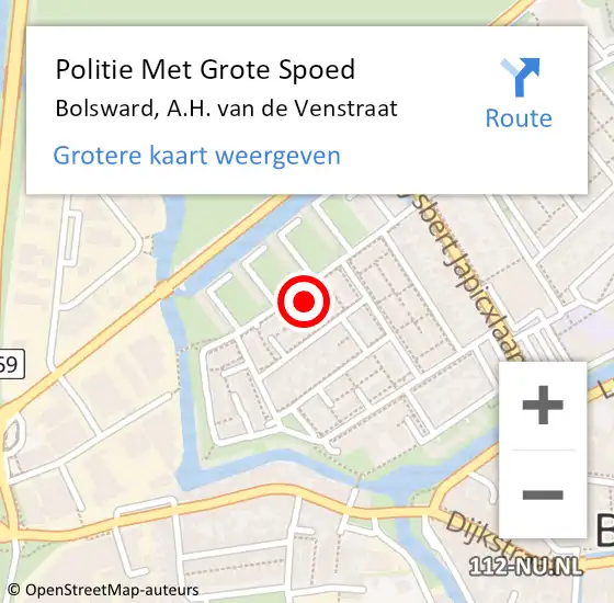 Locatie op kaart van de 112 melding: Politie Met Grote Spoed Naar Bolsward, A.H. van de Venstraat op 29 december 2022 03:42